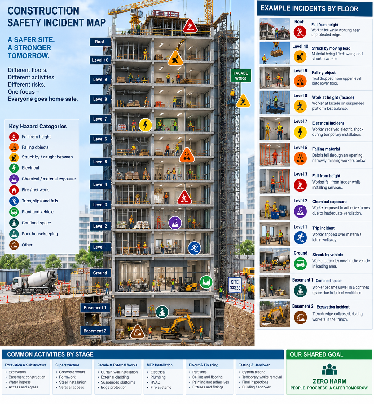 Construction Safety Incident Map showing hazards from Roof to Basement 2